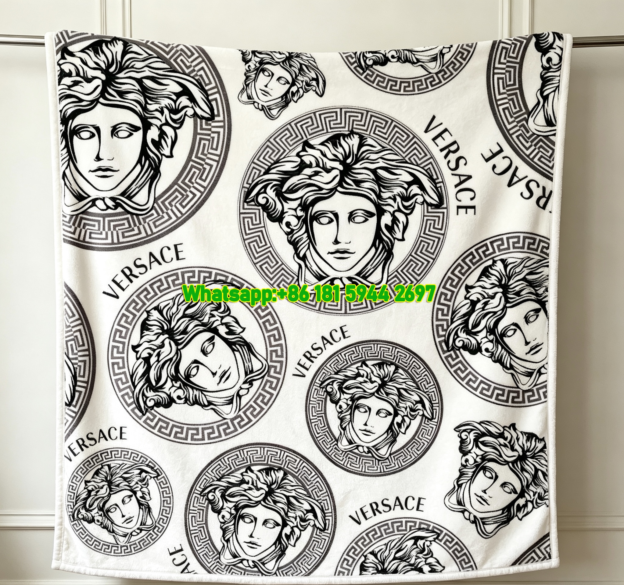 Versace Black White Medusa Print Flannel Throw Blanket IMG_1352